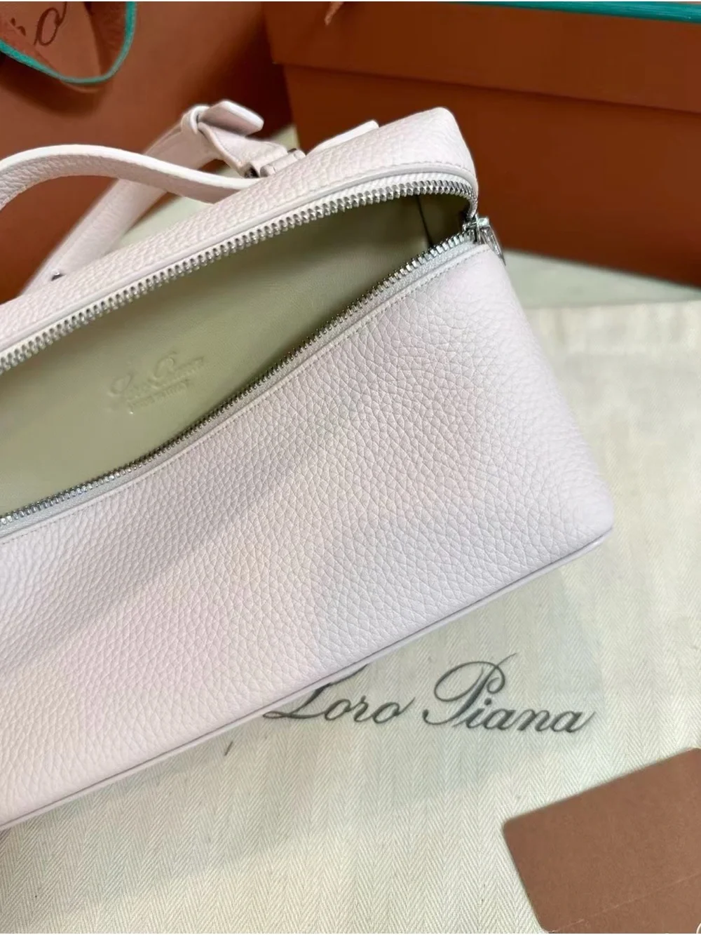 Loro Piana Light Pink Pebbled Leather Top-Zip Satchel